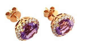 3.76 Ct Amethyst 0.50 Ct Rose Gold Stud Diamond Earrings