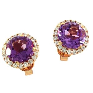 3.76 Ct Amethyst 0.50 Ct Rose Gold Stud Diamond Earrings