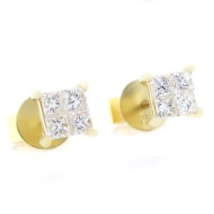 0.38 Ct Princess Cut Yellow Gold Stud Diamond Earrings