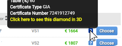 Shopping for certified diamonds in 3D view